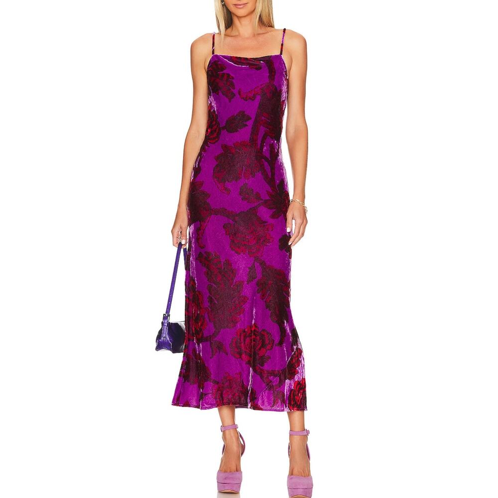 Rhode Midi Slip Dress Jemima Purple Velvet Floral Camellia Vine Crocus
